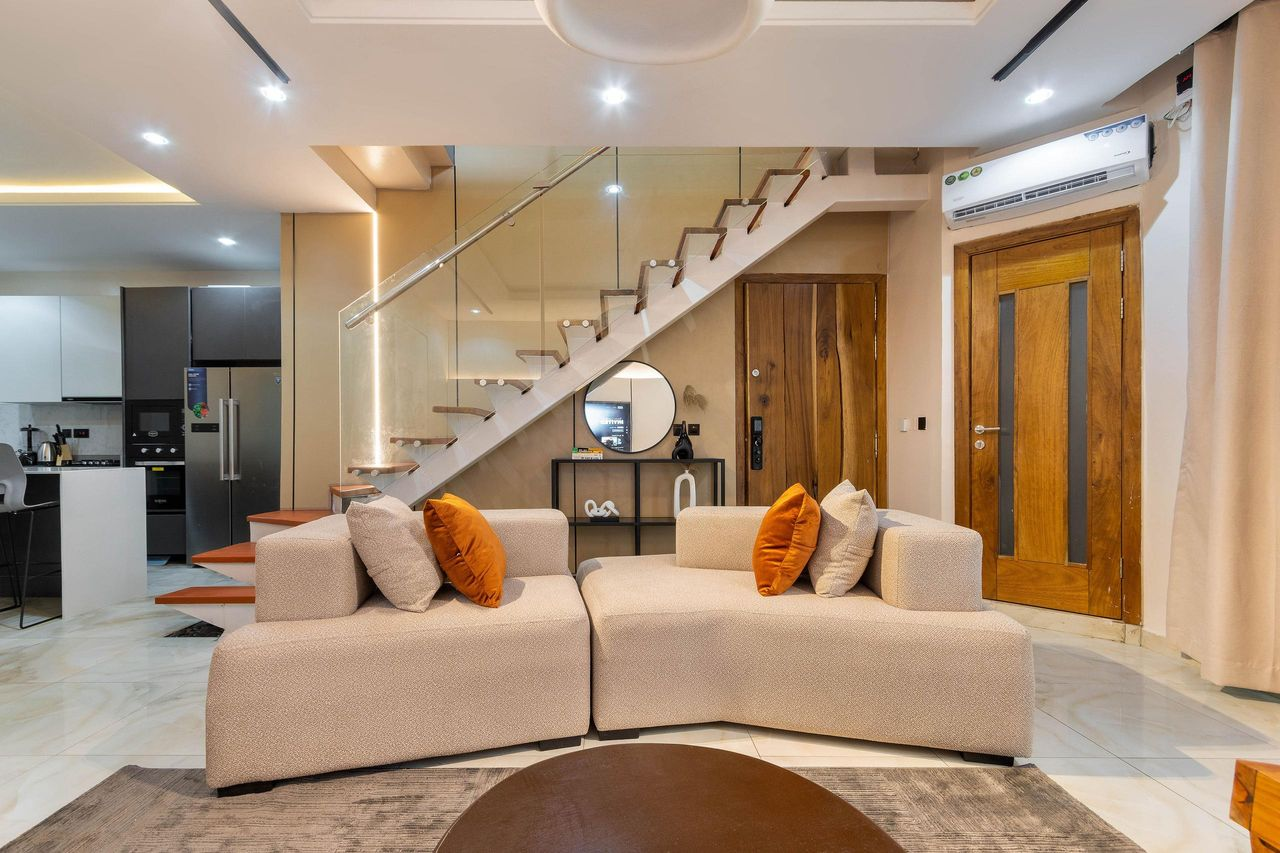 Modern service apartment living room in lekki with pool